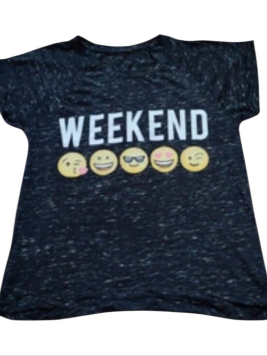 unbranded Tops - Emojis Graphic T-Shirt "Weekend"  Womens, Bust 19.5"W X 25"L Gray-Black,‎ Smiles